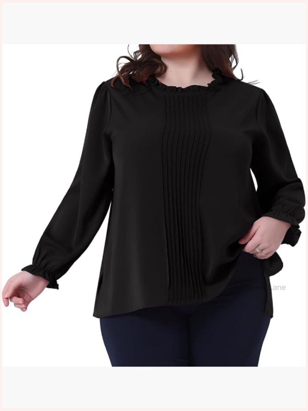 Plus Size Long Sleeve Ruffle Crew Neck Blouse Front Pleated Top Casual Shirt